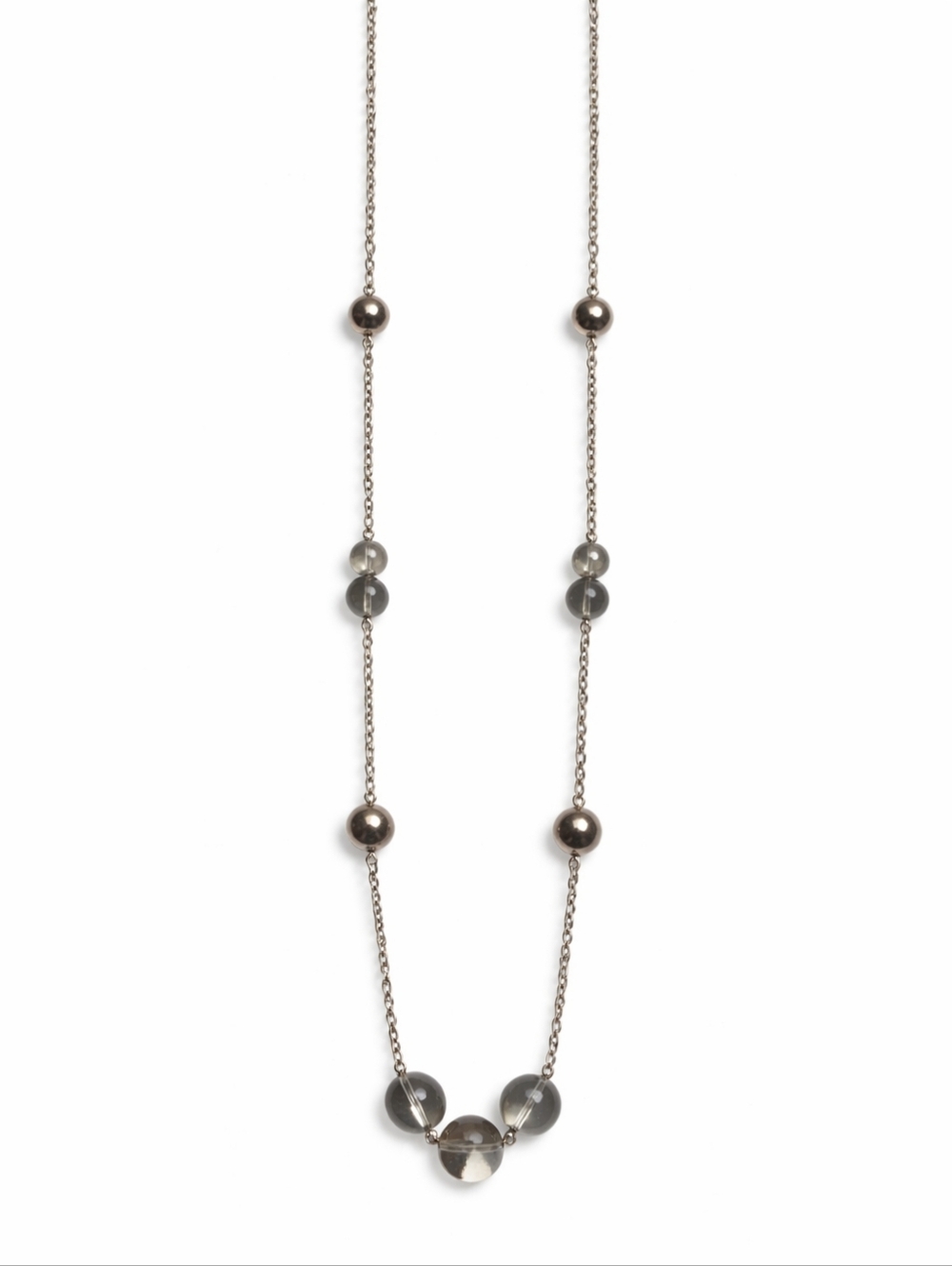 Long Silver Smoky Gray Glass Beaded Station Necklace Crystal Minimalist Layering